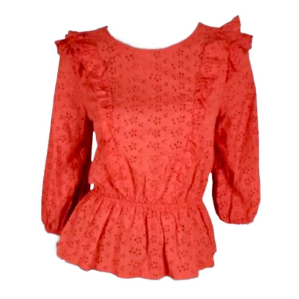 NEW YORK COMPANY NY&CO Red Floral Eyelet Ruffle 3/4 Sleeve Cotton Peplum Blouse